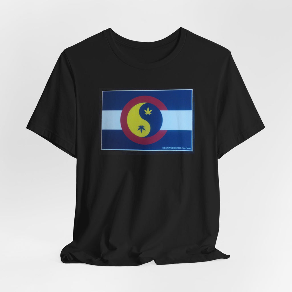 Colorado Hemp Flag T‑Shirt — Cannabis Leaf Centennial C Design