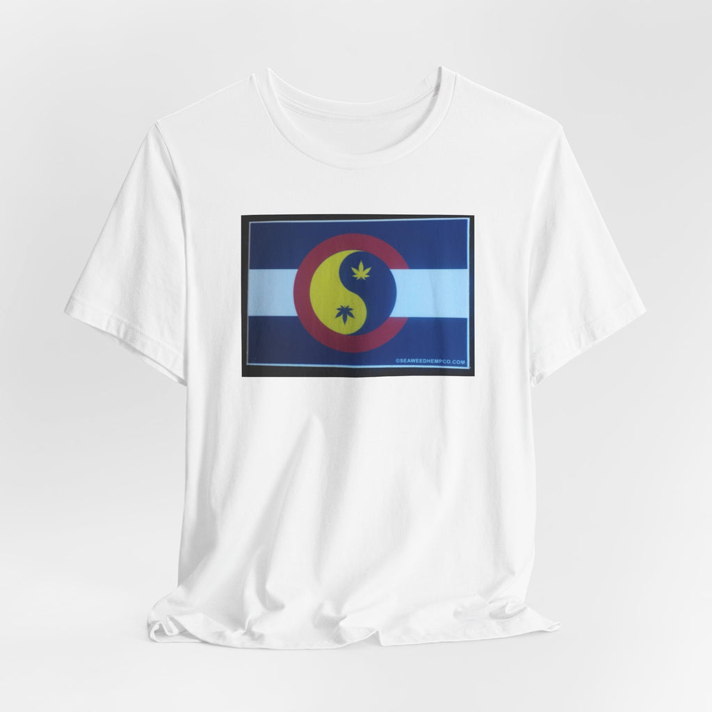 Colorado Hemp Flag T‑Shirt — Cannabis Leaf Centennial C Design